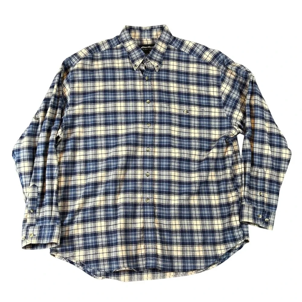 Eddie Bauer Mens Plaid Flannel Button Down Shirt Long Sleeve Pocket Blue XL - Picture 1 of 5